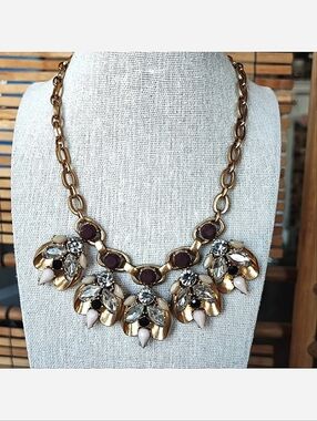 J. Crew Antiqued Gold Tone Hardware Rhinestone Statement Necklace Jewelry